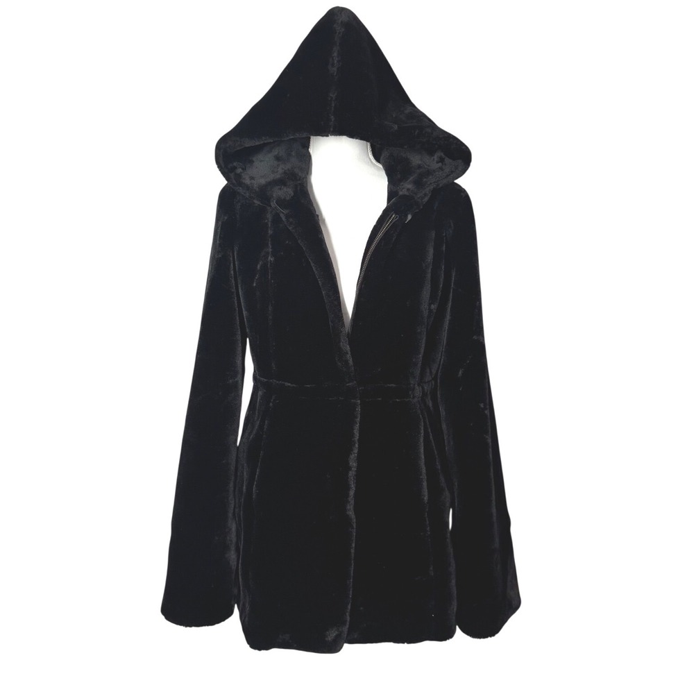 Dennis Basso Faux Fur Hooded Jacket XXS Black Excellent Zip Front Plush Coat